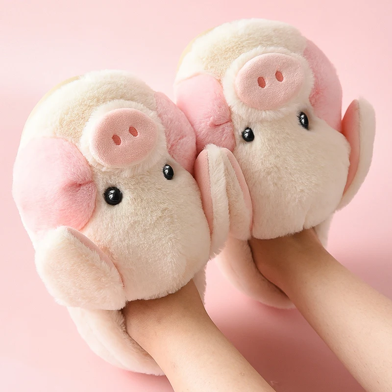 Women's Home Slippers Soft Cute Cartoon Pig Female Indoor Platform Slippers Furry Warm Short Plush Winter House Slippers Unisex