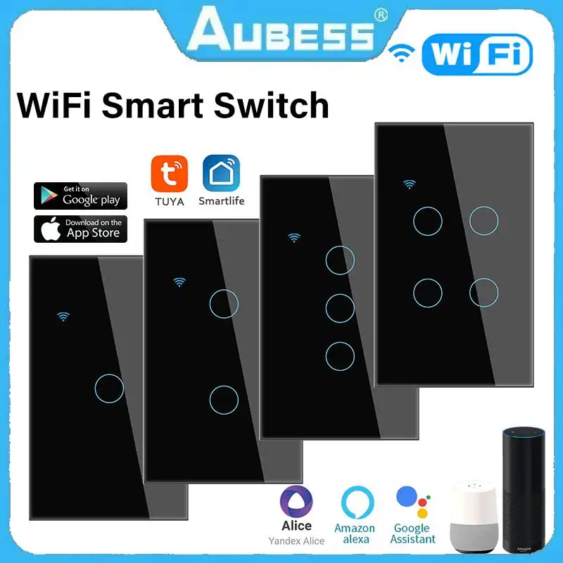 

Умный сенсорный выключатель AUBESS, 1/2/3/4 клавиши, Wi-Fi, настенная кнопка для детской комнаты, нейтральный провод для Alexa и Google Home Assistant