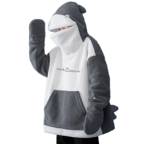 Cute Shark Shape Hoodies Couples Matching Women Kawaii Loose Tops Lambswool Zipper Hooded Sweatshirts Big Pockets Pullovers