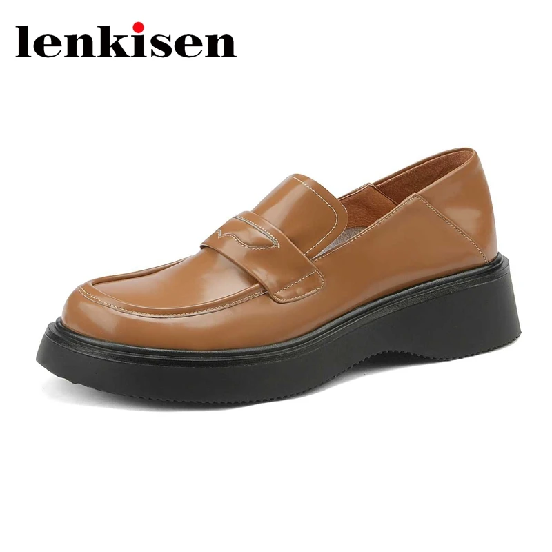 

Lenkisen handmade big size genuine leather round toe med heel loafers preppy style young lady daily wear basic women pumps L07
