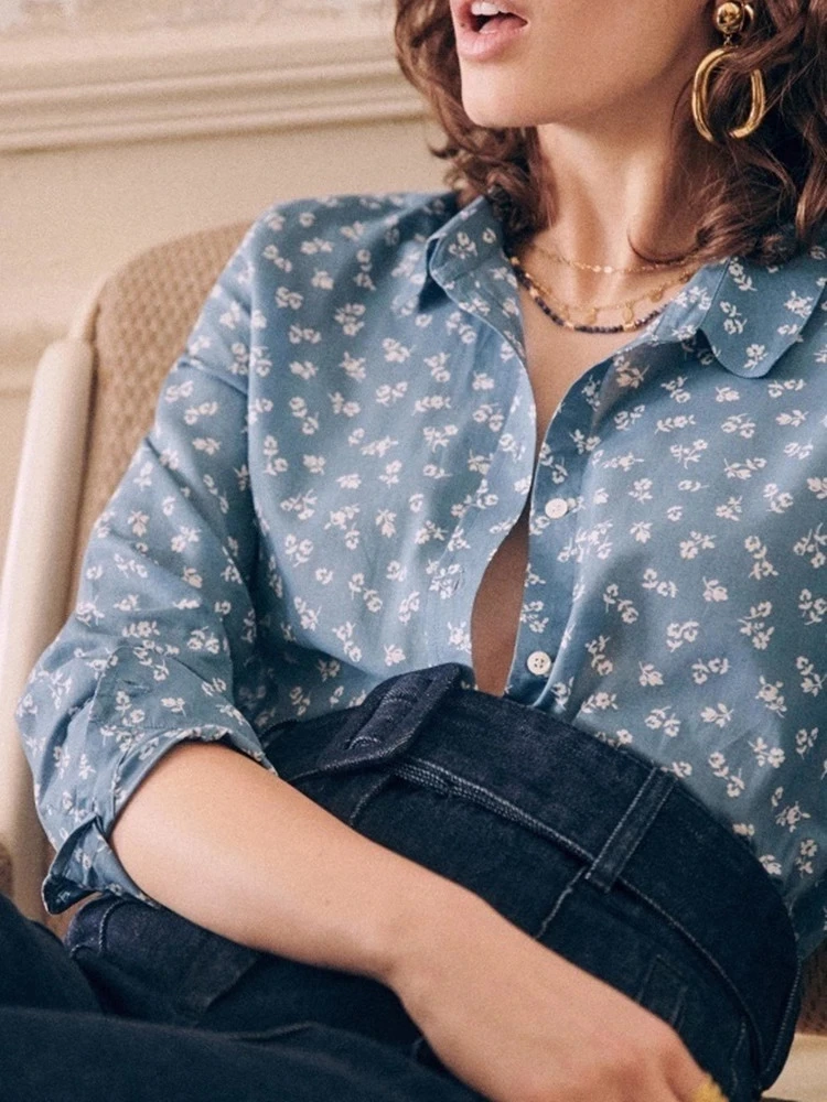 

Women's Single Breasted Floral Printed 100% Silk Blouse 2022 Spring New Female Turn Down Collar Soft Sweet Shirt