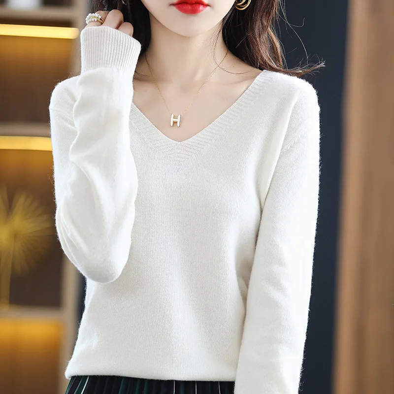 

Autumn and winter long sleeve V collar casual style solid color top gray