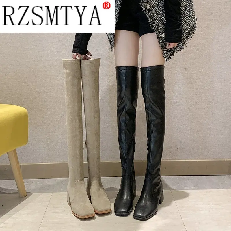 New Female Women Boots Sexy Zipper Over The Knee Boots Women Flats Shoes Square Toe Long Boots Thigh High Boots