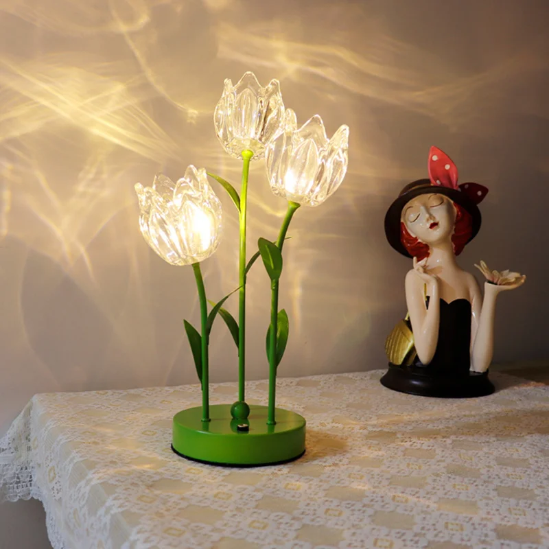 LED Tulips Flower Table Lamp USB/Battery Lily of The Valley Nightlight Touch Dimming Waterproof Lighting Ornaments Home Decor