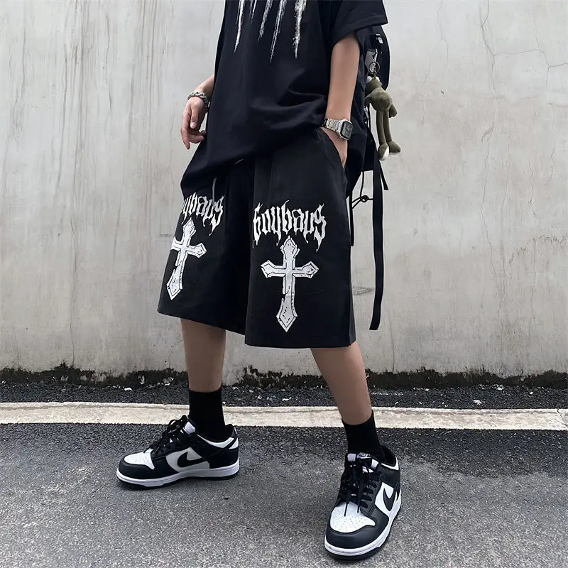 

Y2K Men Summer Casual Shorts Streetwear Harajuku Mens Elastic Waist Short Pants Cross print Bermudas Black Shorts Male Clothes