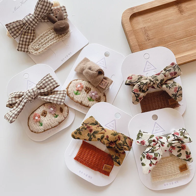 

2Pcs/set Korean Style Printed Bows Girls Hair Pins Clips Kawaii BB Hairpins Winter Wool Warm Baby Kids Headband Accessories