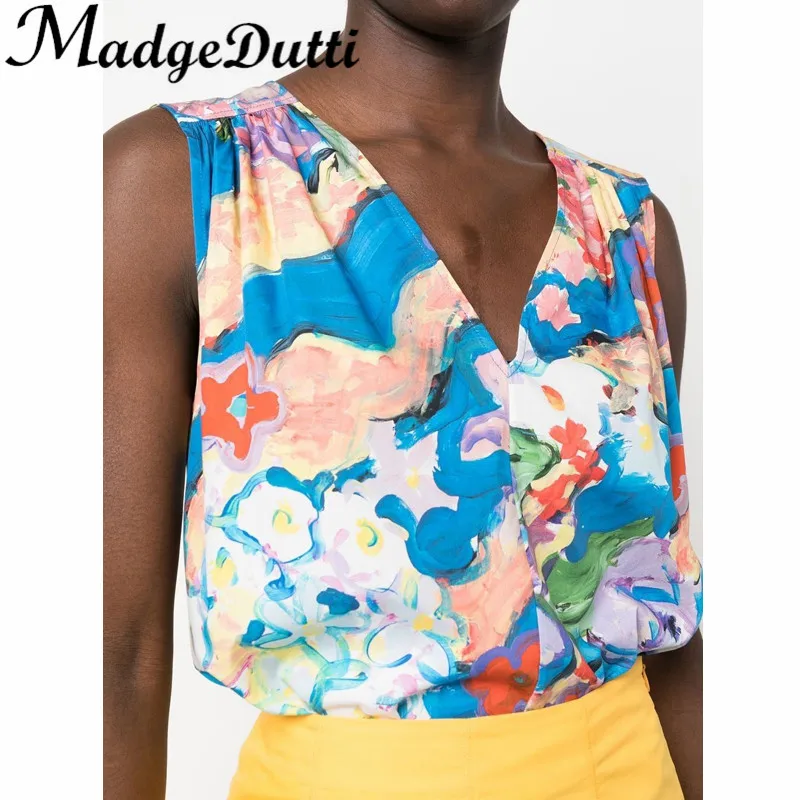 

2.15 MadgeDutti Scrawl Flower Print V-Neck Tank Top Or Lalep Loose Short Shirt Or Side Zipper Skirt Holiday Cotton Set Women