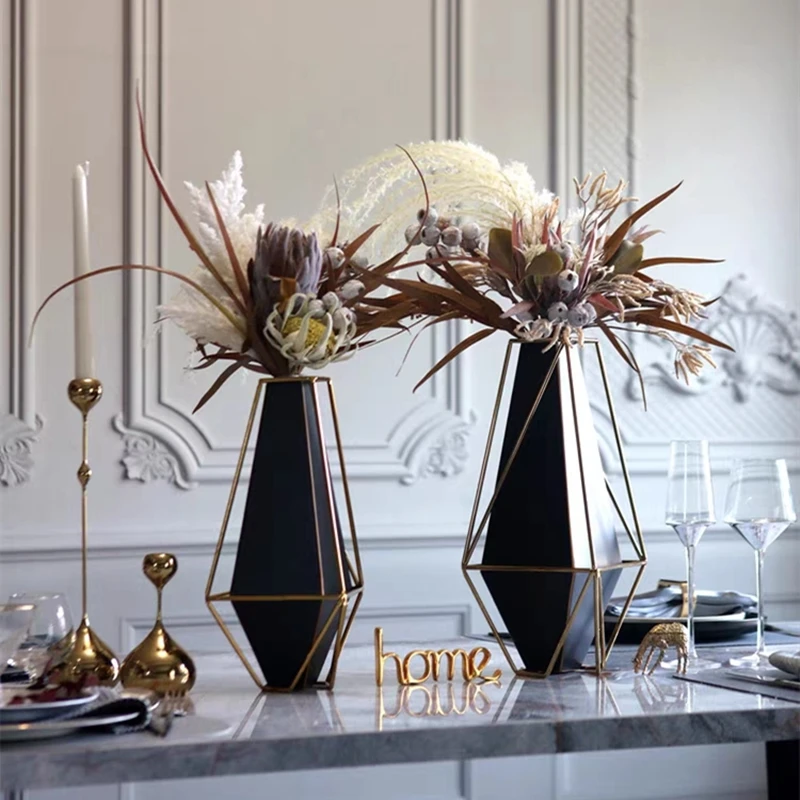 

Американская золотая кованая железная ваза, роскошный черный цветочный горшок из оцинкованного металла для гостиной, входа, обеденного сто...