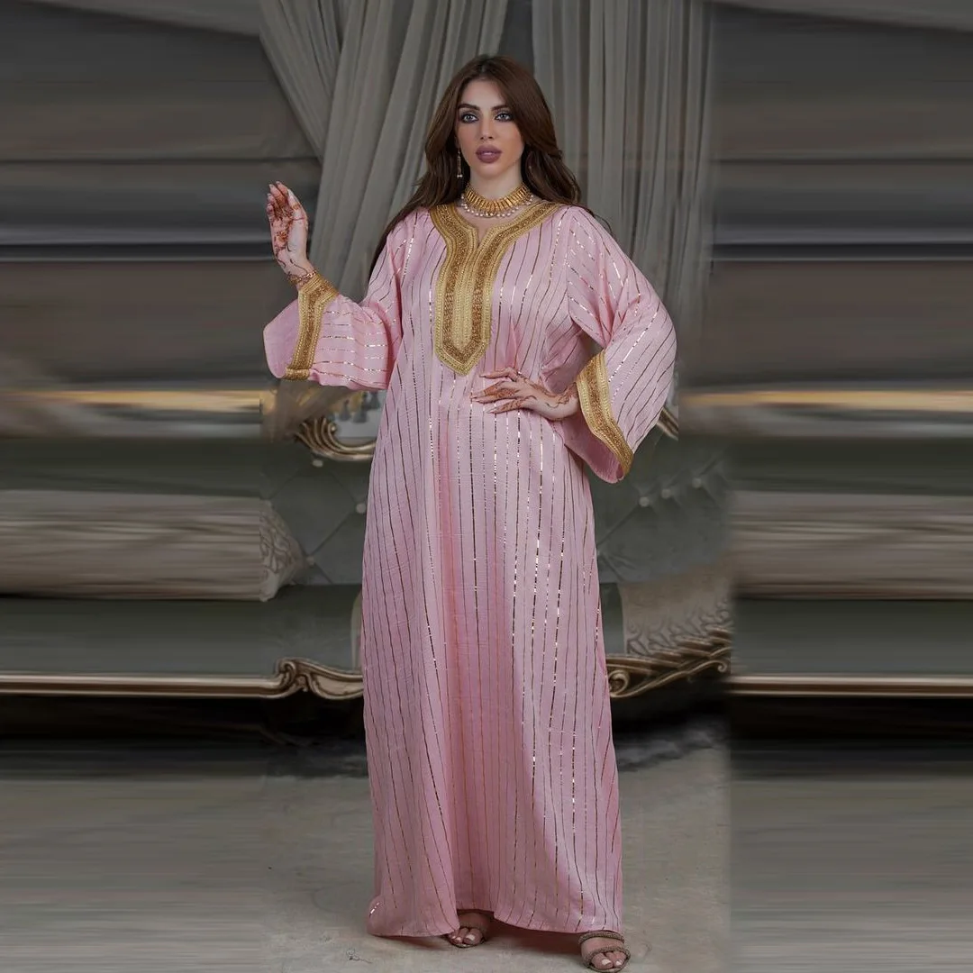 

Jalabiya Gold Stamping Dress for Women Abaya Dubai Saudi Casual Modest Muslim Arabian Moroccan Caftan Party Evening Kaftan Robe