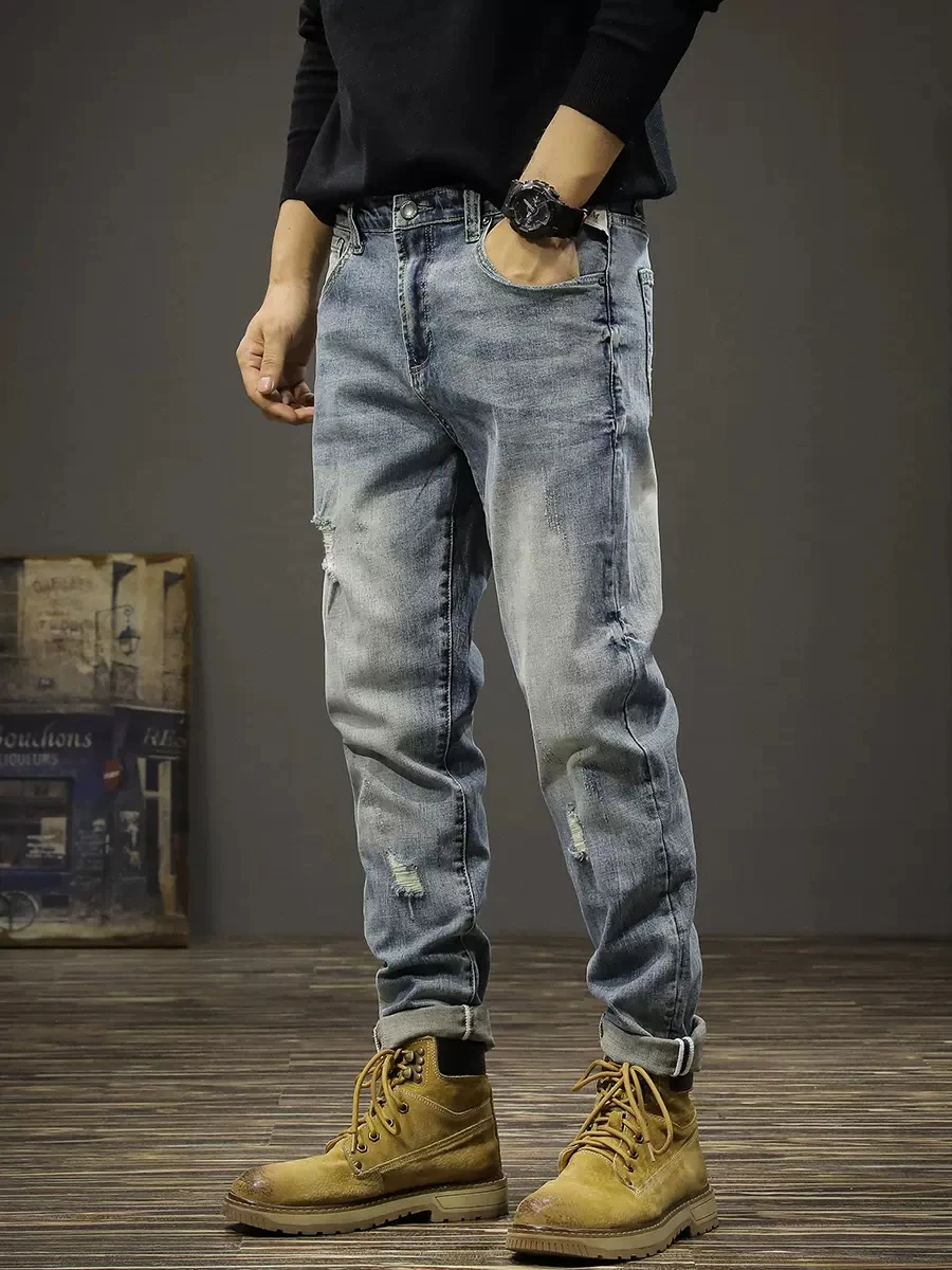 Newly Vintage Fashion Men Jeans Retro Blue Stretch Slim Fit Hole Ripped Jeans Men Trousers Casual Designer Denim Pants Hombre