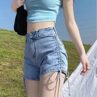 korean version of the new fashion drawstring bow women denim shorts summer high waist thin retro loose wide leg shorts hot pants