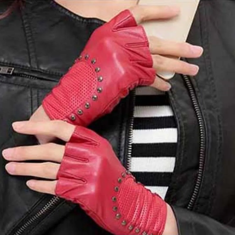 Women Men Same Style Half Finger Leather Motor Driving Gloves Couple Breathable Genuine Leather Gloves Sports Anti-slip AGD521