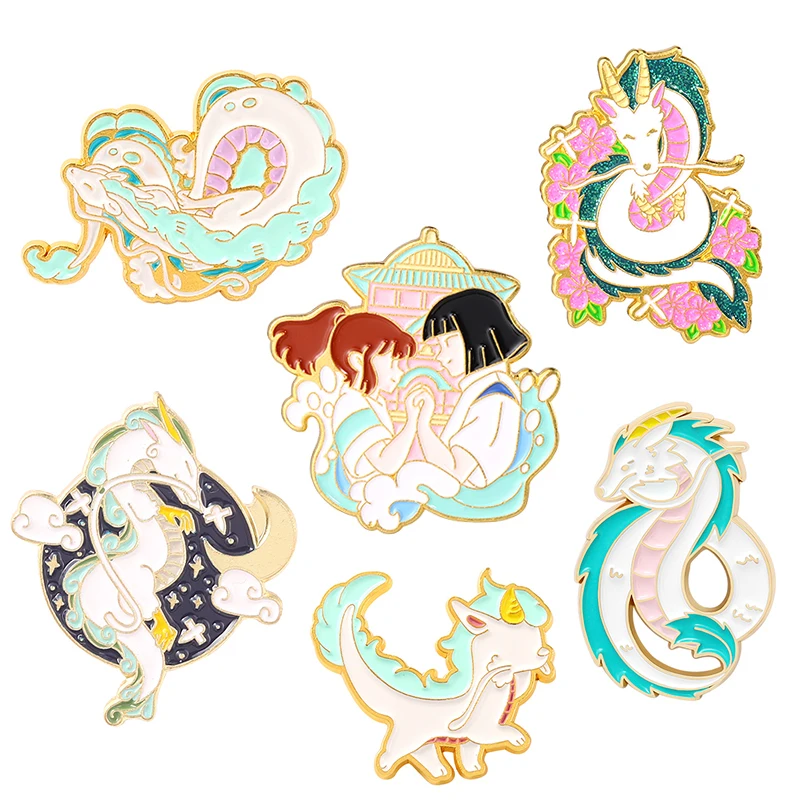 Детство аниме Эмаль Булавка Дракон Haku Chihiro уголь кальцифер Jiji брошь лацкан значки мультфильм фильм ювелирные изделия подарок для фанатов детей