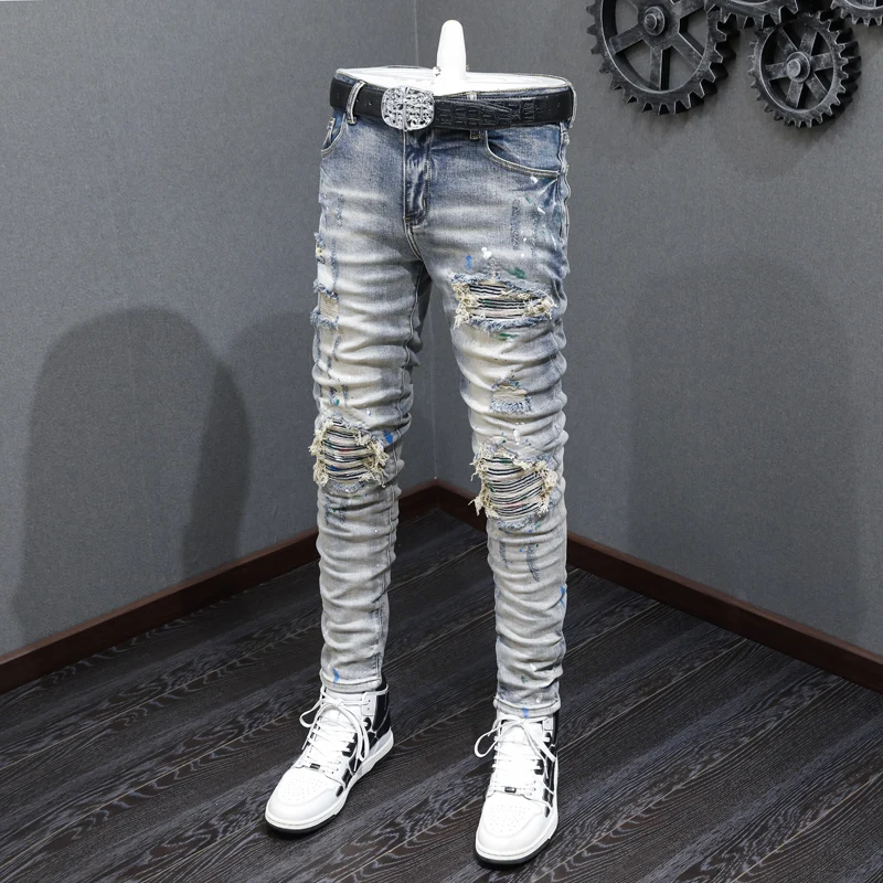 High Street Fashion Men Jeans Retro Blue Elastic Painted Skinny Fit Ripped Jeans Men Patched Designer Hip Hop Brand Pants Hombre