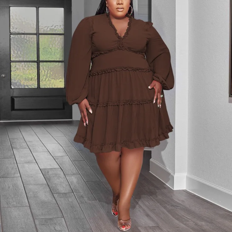 4XL 5XL Plus Size Dresses for Women Large Solid Full Sleeve V Neck High Waisted Elegant Evening Party Dinner Vestidos Mujer Big