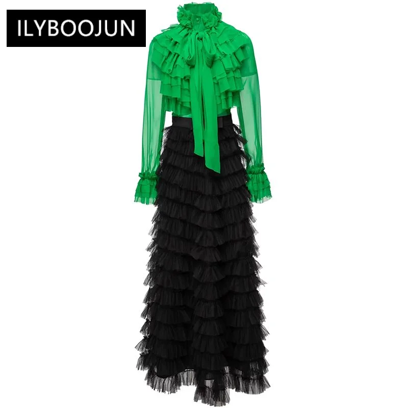 

Женский винтажный костюм из 2 предметов, рубашка с воротником-стойкой и расклешенными рукавами и длинная сетчатая юбка с оборками, осень 2023