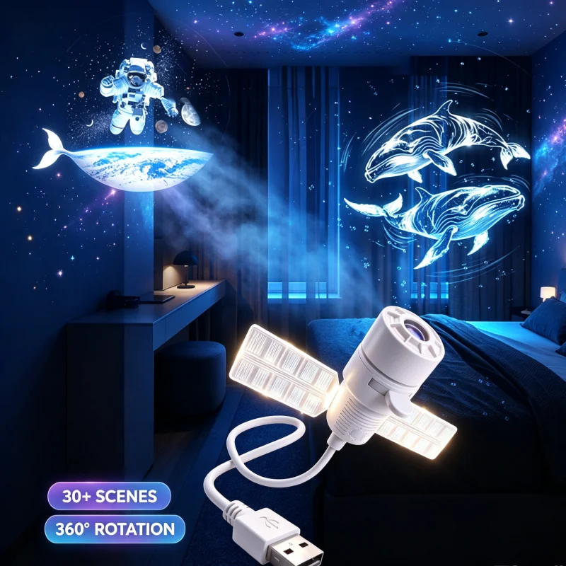 Фото Новый USB-проектор звездного неба с двойным режимом работы, декоративная лампа в форме спутника, подключаемая проекционная лампа, ночник в форме луны для дома, комнаты и автомобиля. №3