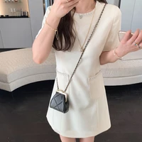 french style off white elegant embroidery dress 2022 summer fashion solid color short sleeve slim high end office lady dresses