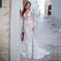 jiayigong lace wedding dress mermaid puff sleeves deep v neck appliques sweep train illusion vestido de noiva bridal dresses