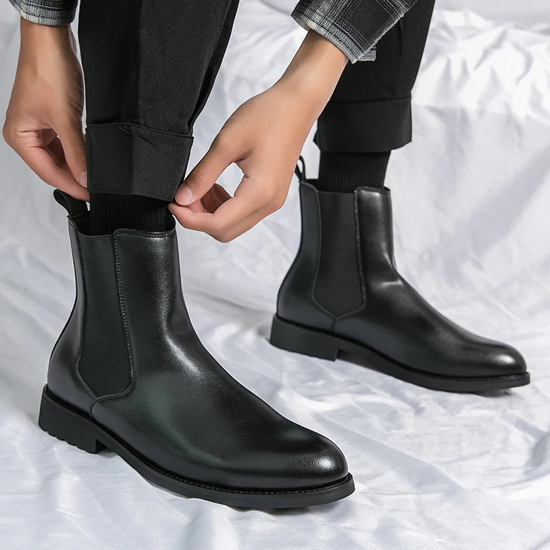 

Spring/ Winter Elegant Chelsea Boots Leather Men Couple Shoes Size 37 46 Slip-on Dress Formal Boots Model Fashion Show