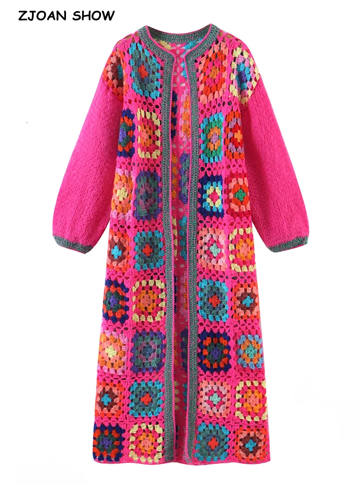2022 BOHO Rose Pink Plaid Flower Hand Crochet Cardigan Ethnic Woman O neck Open Stitching Midi Long Sweater Knitwear Jumper