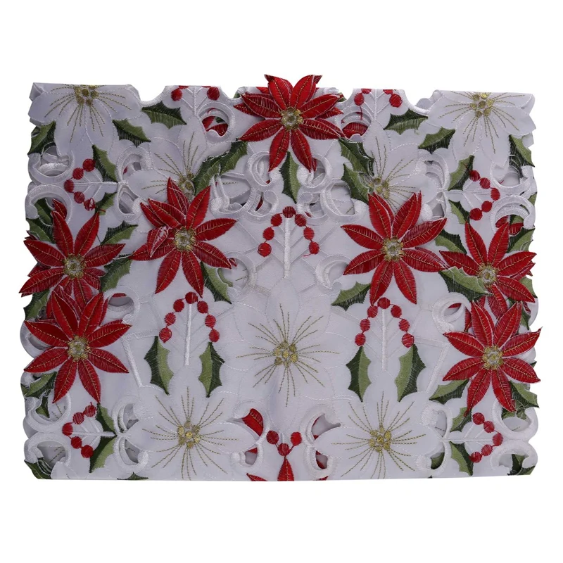 

Christmas Embroidered Table Runner, Luxury Holly Poinsettia Table Runner for Christmas Decorations, 15 x 70 Inch