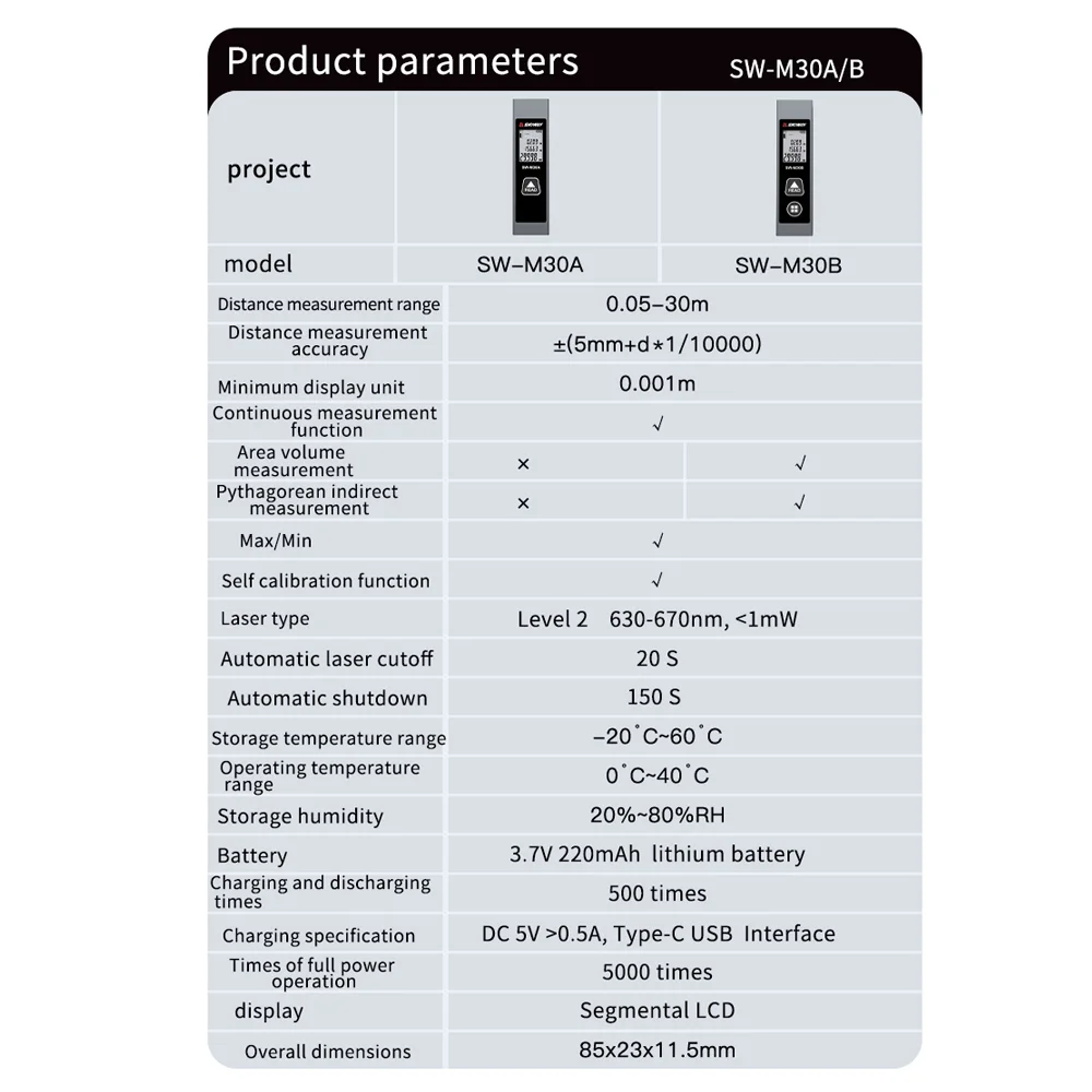 Умный лазерный дальномер SNDWAY 30 м перезаряжаемый