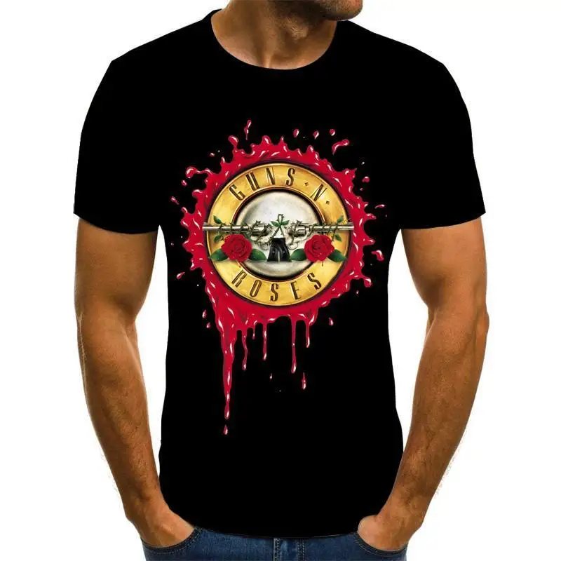 

Guns N Roses T-Shirt New Fashion Punk T Shirt Men Black Tshirt Heavy Metal Tops 3D Gun Rose Print Dress Hip Hop Tees