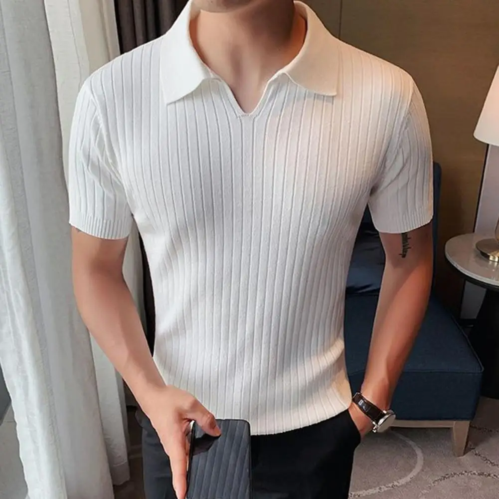 

2022 British Style Men T-shirt Elastic Knitted Casual Turn-down Collar Slim Fit Business Casual Top Summer Top Daily Clothes