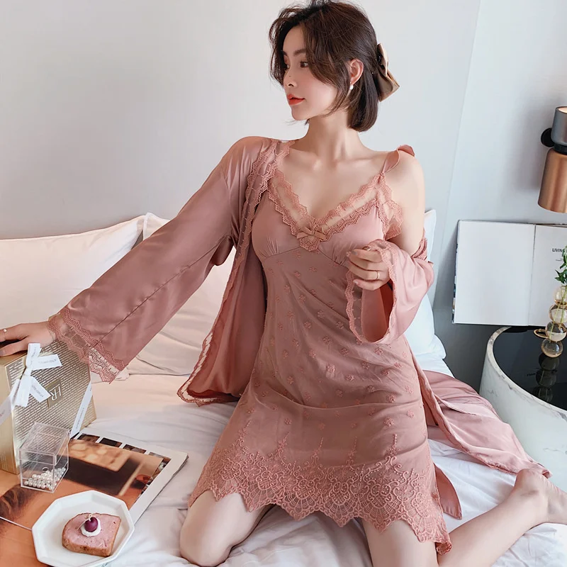 

Lisacmvpnel With Bra Sexy Ice Silk Robe Set Lace Princess Wind Nightgown Home Clothes