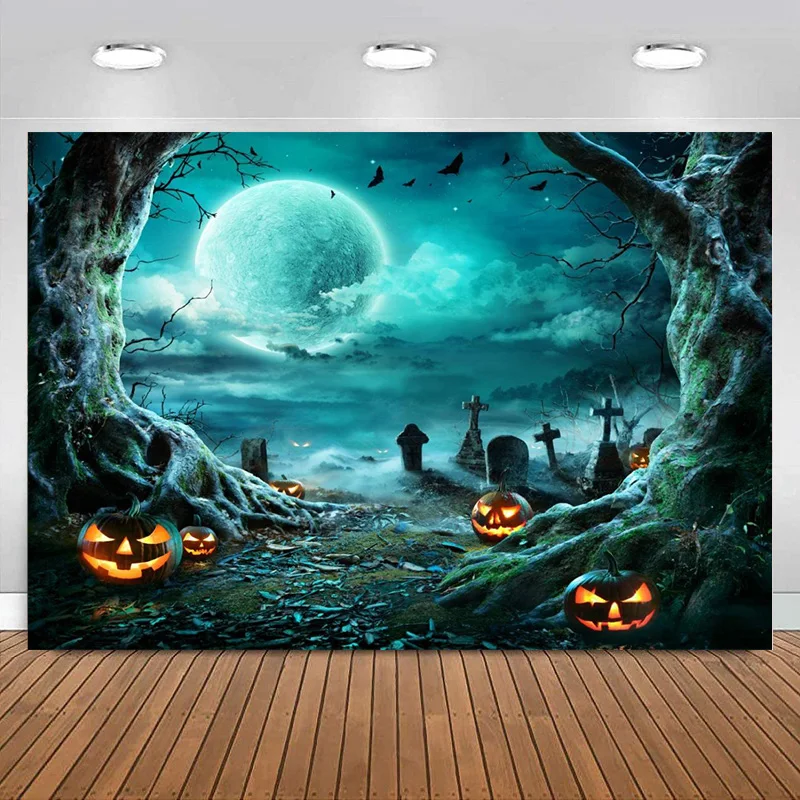 

Halloween Party Backdrop Horror Moon Night Scary Cemetery Pumpkin Lantern Photography Background for Family Banner Decoration