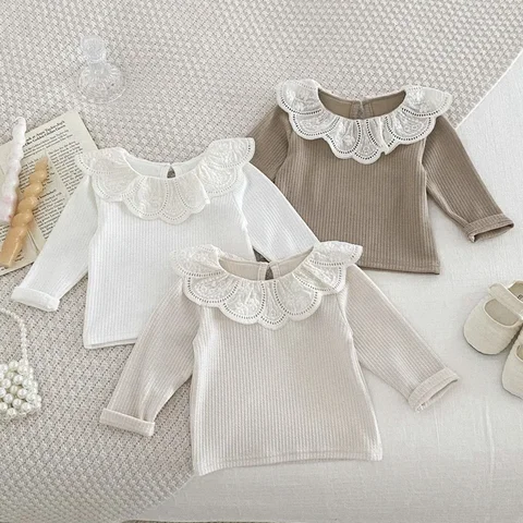 Новая детская осенне-зимняя одежда, детские топы с кружевным воротником, детский пуловер с длинными рукавами, футболка для младенцев, одежда для девочек, блузка для малышей