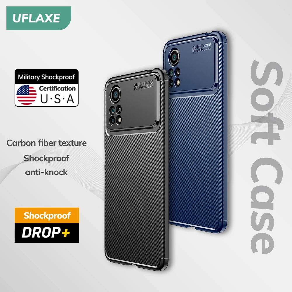 UFLAXE Original Shockproof Soft Silicone Case for Xiaomi Poco X4 Pro 5G NFC Carbon Fiber Back Cover Casing