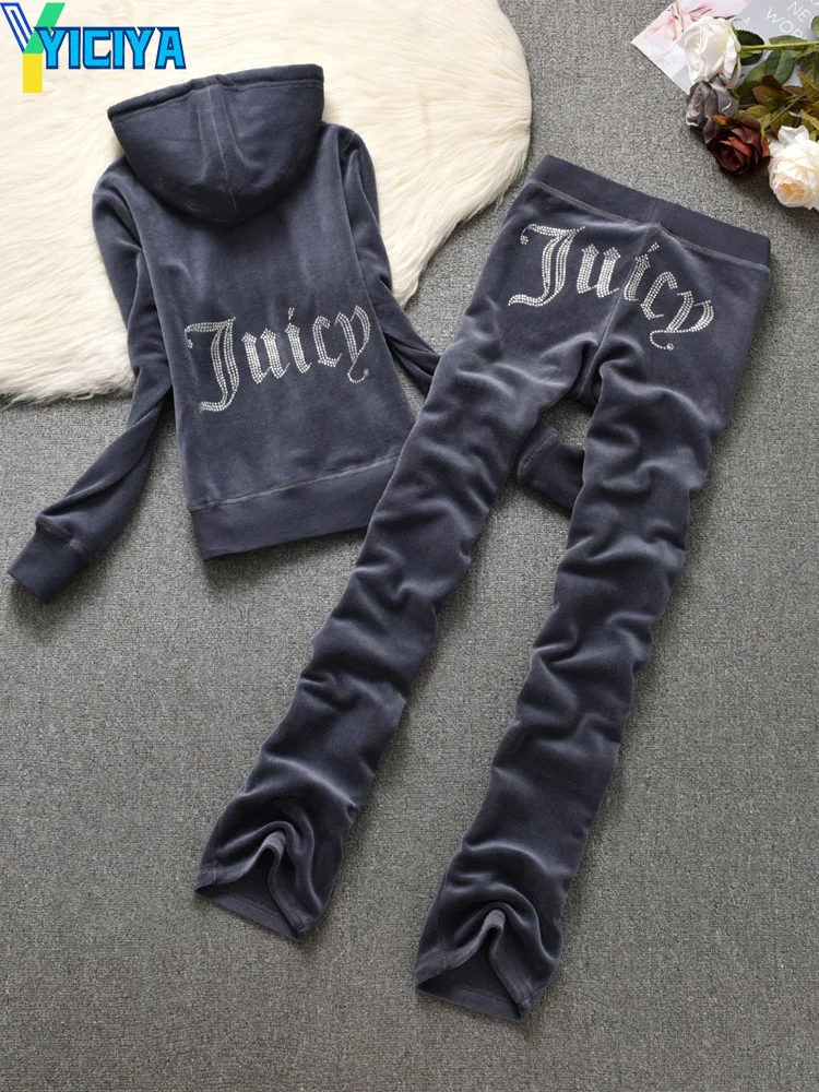 yiciya juicy two piece sets womens fall outifits Velvet Tracksuit Sewing Suit Y2k pants And Hoodes Sweatshirt Female Velour set