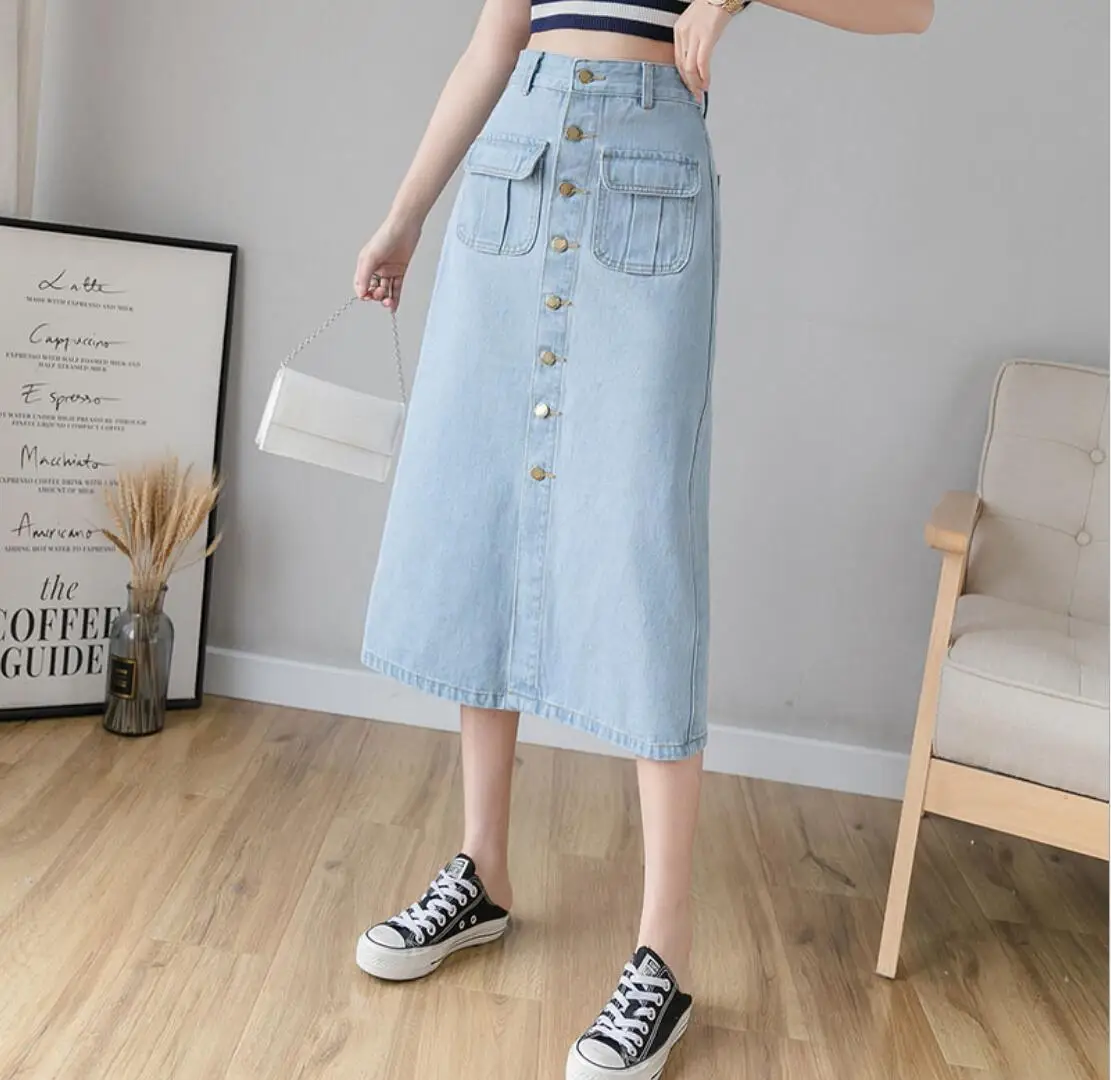 Юбка-миди женская джинсовая с застежкой спереди длинная трапециевидная