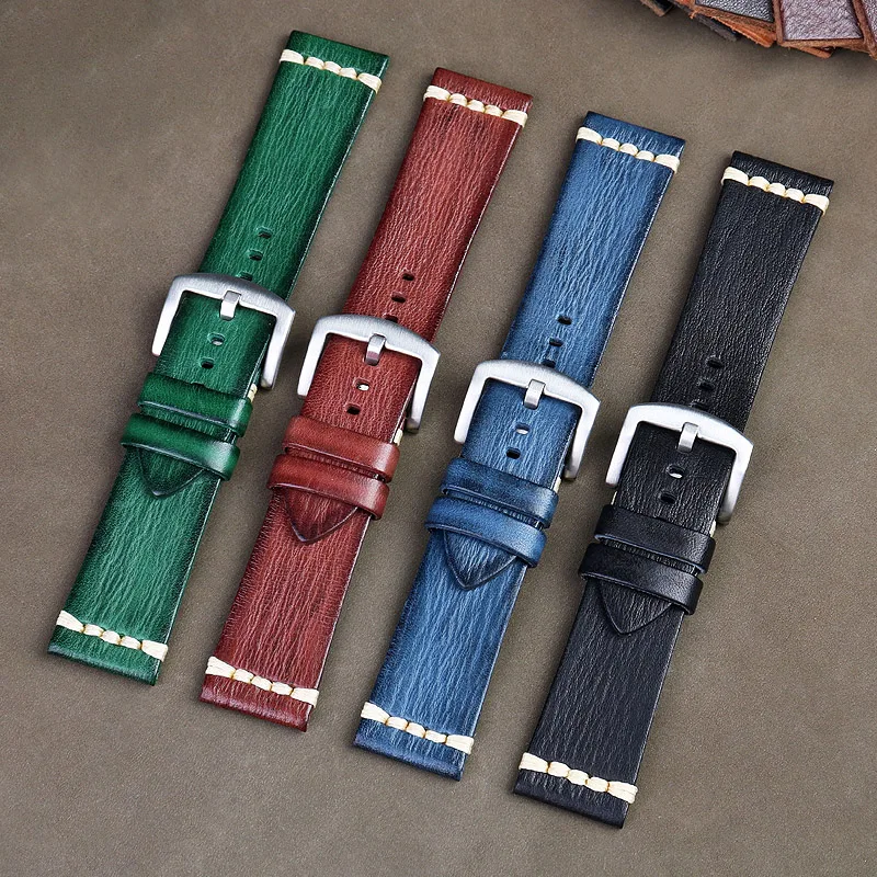 

Genuine cow leather strap wristband handmade red vintage wristbands for panerai for Seiko for IWC 20mm 22mm 24mm men watchband