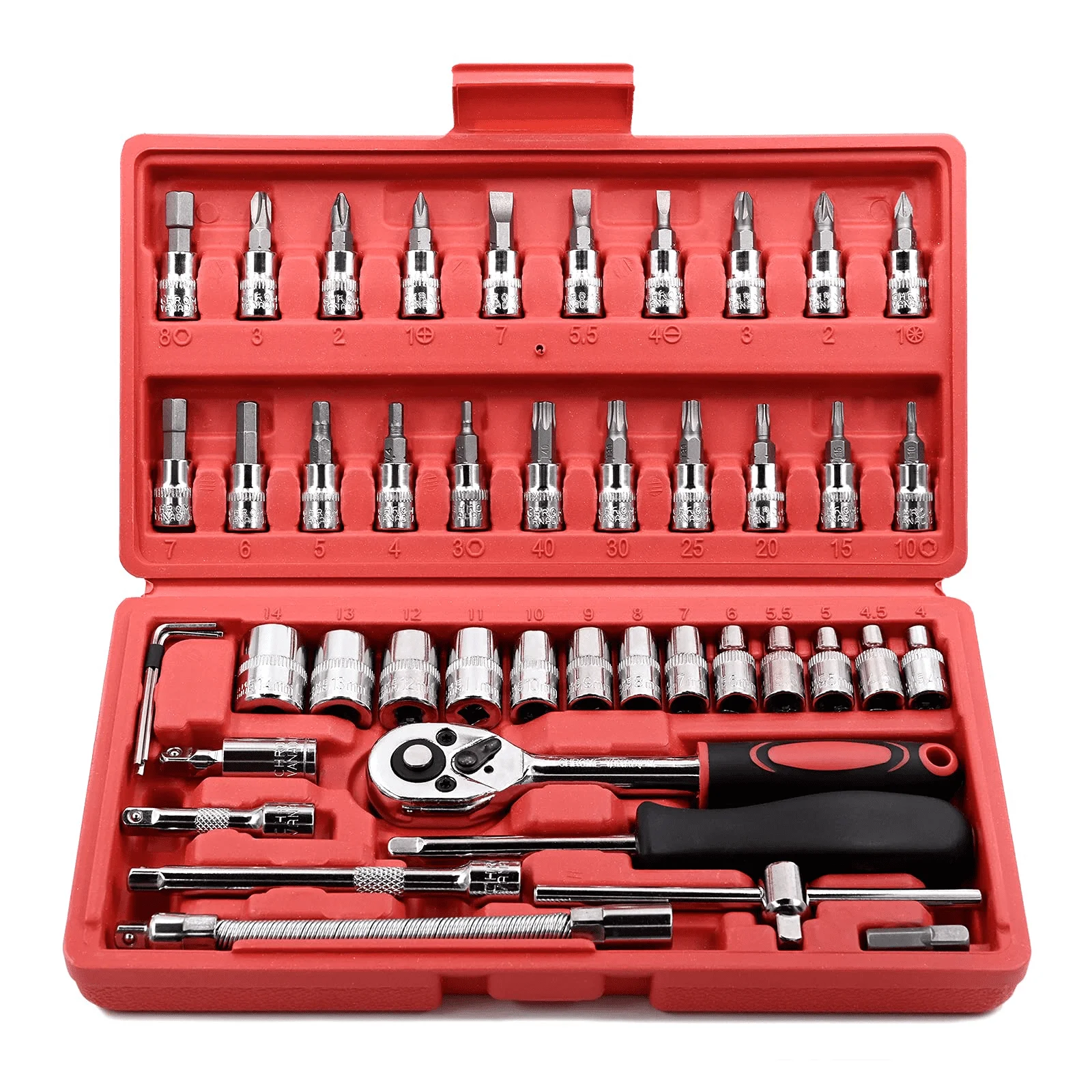 46 Pieces 1/4 inch Drive Socket Ratchet Wrench Set, with Bit Socket Set Metric and Extension Bar for Auto Repairing and Househol