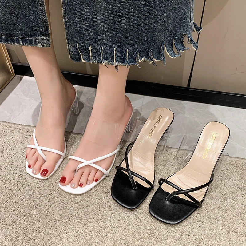 

Summer Thin Strap Clip-on Flip-flops Thin Heels Middle Heels Square-toed Slippers Good Open-toed Women's Sandals Womens Shoes