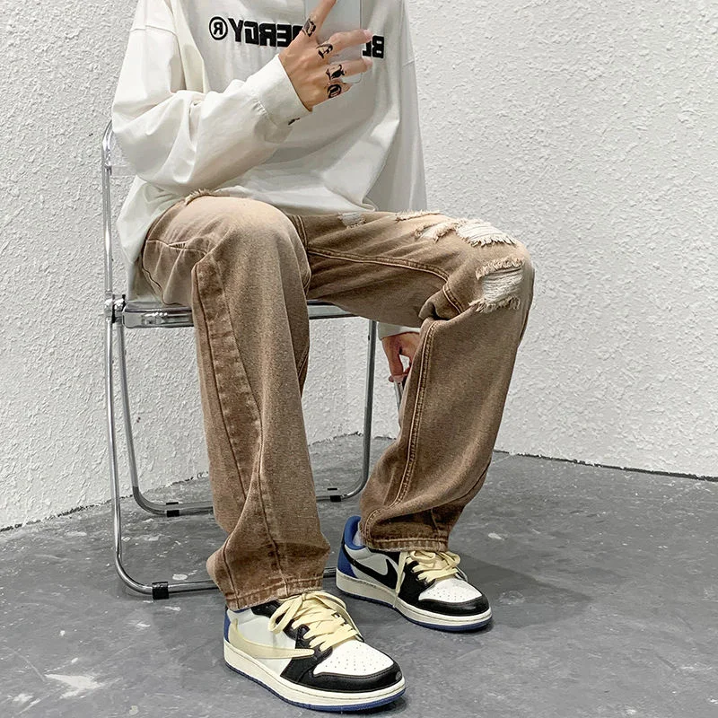 Ripped Baggy Jeans Men Fashion Retro Casual Hole Straight Jeans Men Streetwear Hip Hop Loose Denim Pants Mens Trousers M-2XL