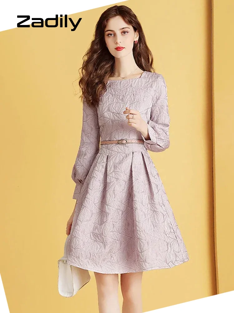 

Zadily Office Lady Long Sleeve Sashes Dress Women Elegant irregular Printed Square Collar Work Dresses 2022 Spring Vestidos