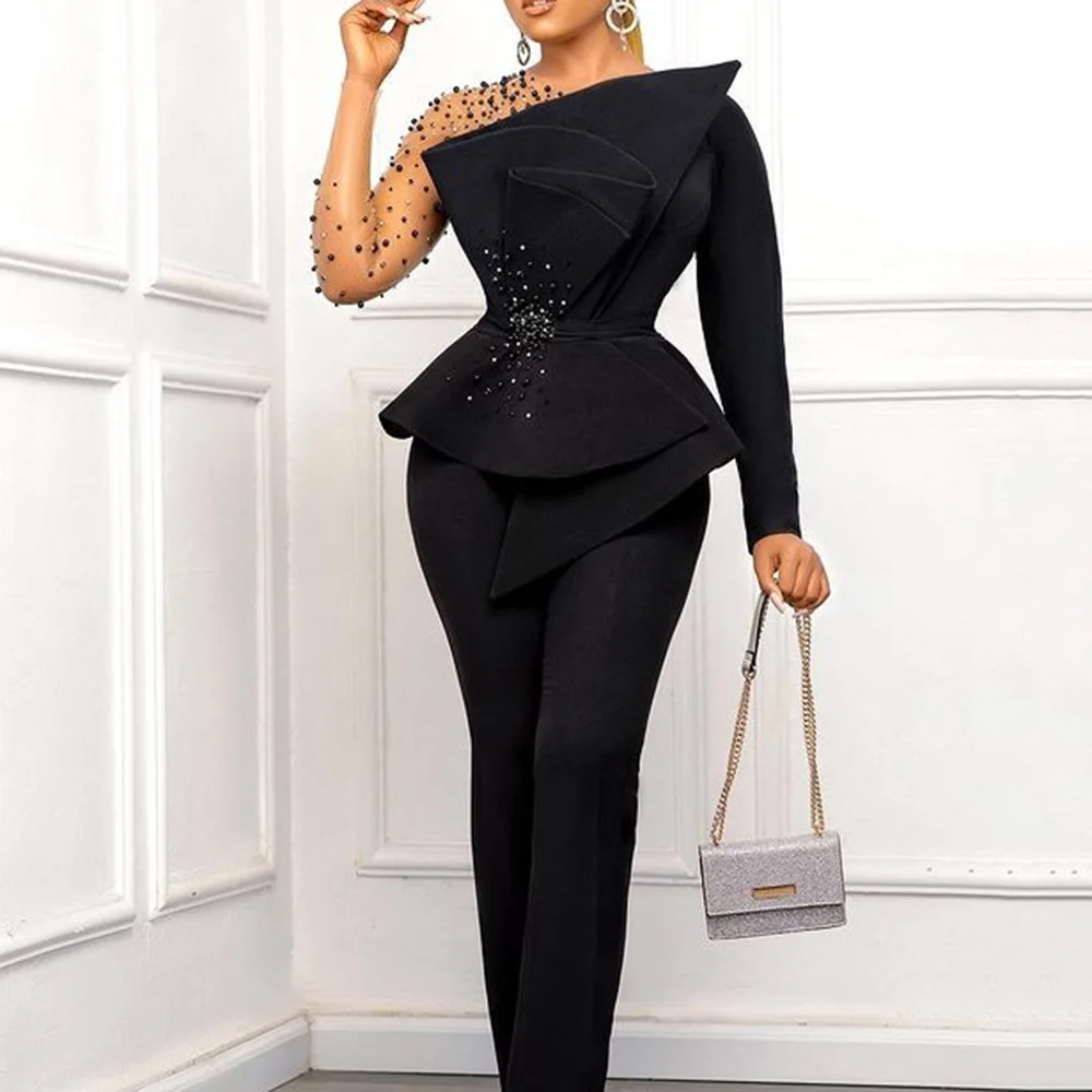 

Black Party Sexy Jumpsuit Women Summer Mesh Patchwork Beading See Through 3D Bowknot High Waist Skinny Ruffled Long Jumpsuits