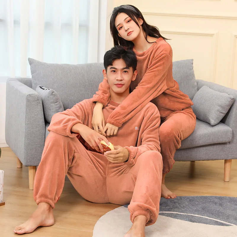 Lovers' Coral Velvet Pajamas Autumn And Winter Men's Home Clothing Warm Fur Thickened Embroidery Letters Outer Pajamas Women