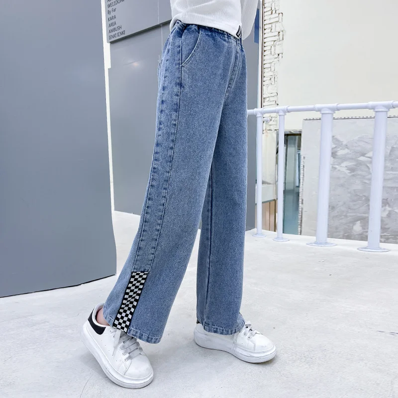 

Джинсы для девочек-подростков 4-14 лет, модные брюки из денима, повседневные клетчатые Широкие штаны в стиле пэчворк, детская одежда, на весну-осень