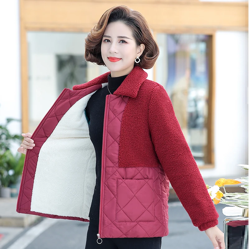 Middle-aged and Elderly Women's Coat Winter Jackets Thin Light Warm Plus Velvet Cotton Linen Lattice Jacket Outwear Mother Dress