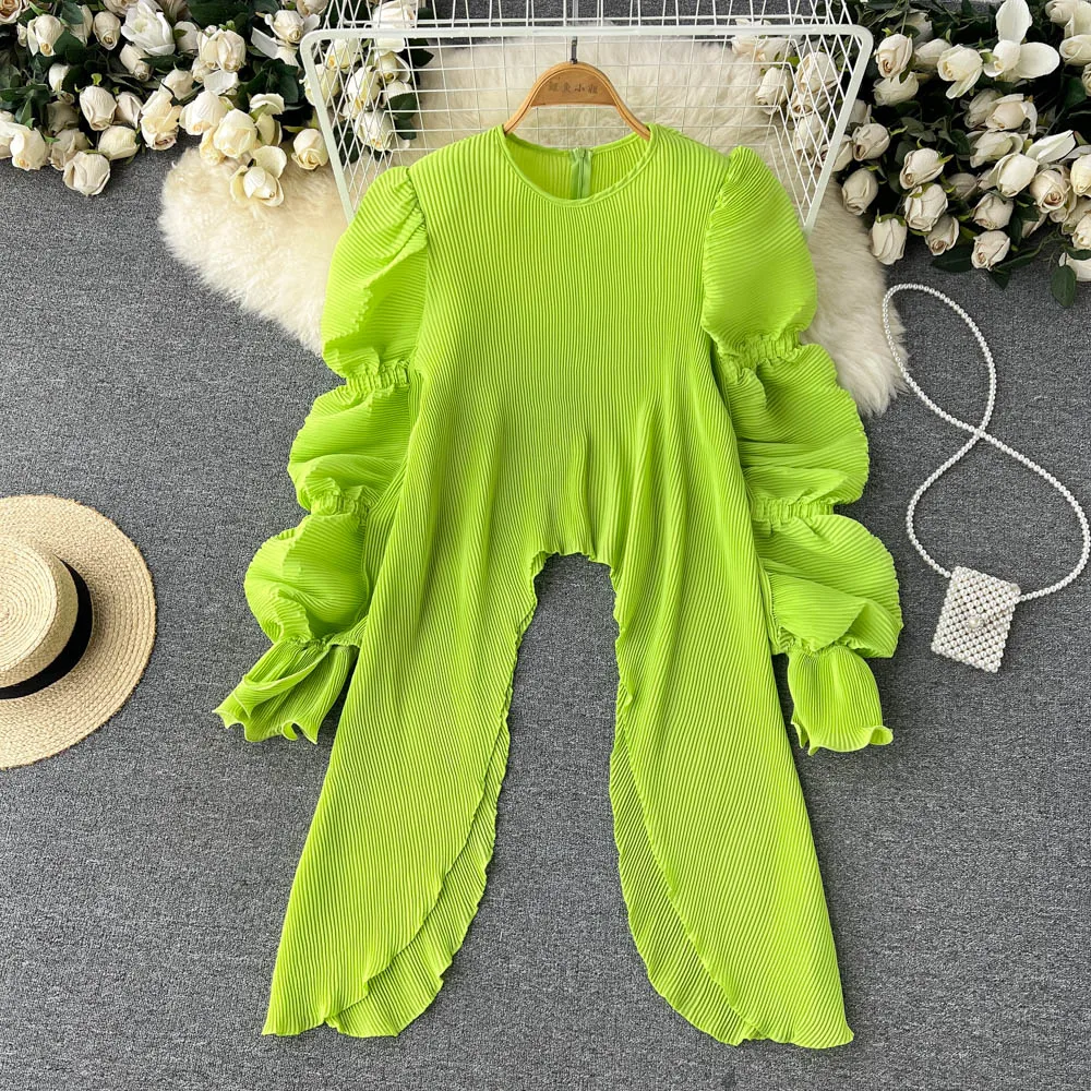 

Spring Summer Casual Femme Blouses Chiffon X-Long Puff Long Sleeve O-Neck Pleated Shirts Tops For Women French Chic Solid Blusas