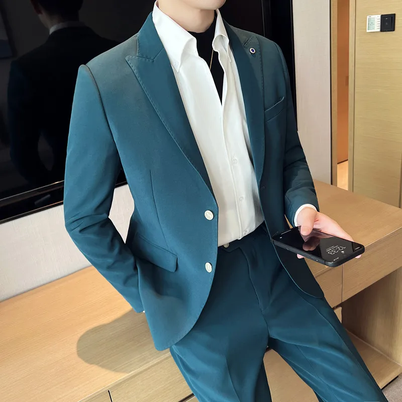 

( Jacket + Pants ) Fashion Boutique Solid Color Casual Business Mens Suit Groom Wedding Men Formal Social Suit Blazer 2 Pcs Set