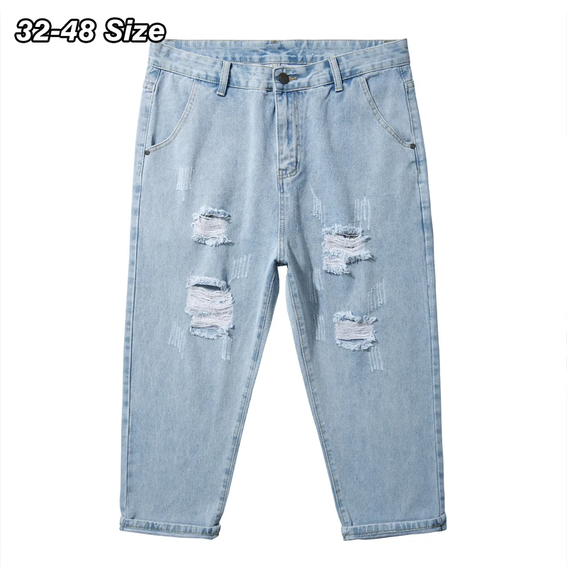 

Men Fashion Baggy Ripped Jeans Plus Size Ankle Length Hole Straight Harem Pants Casual Denim Trousers Oversized Streetwear 46 48