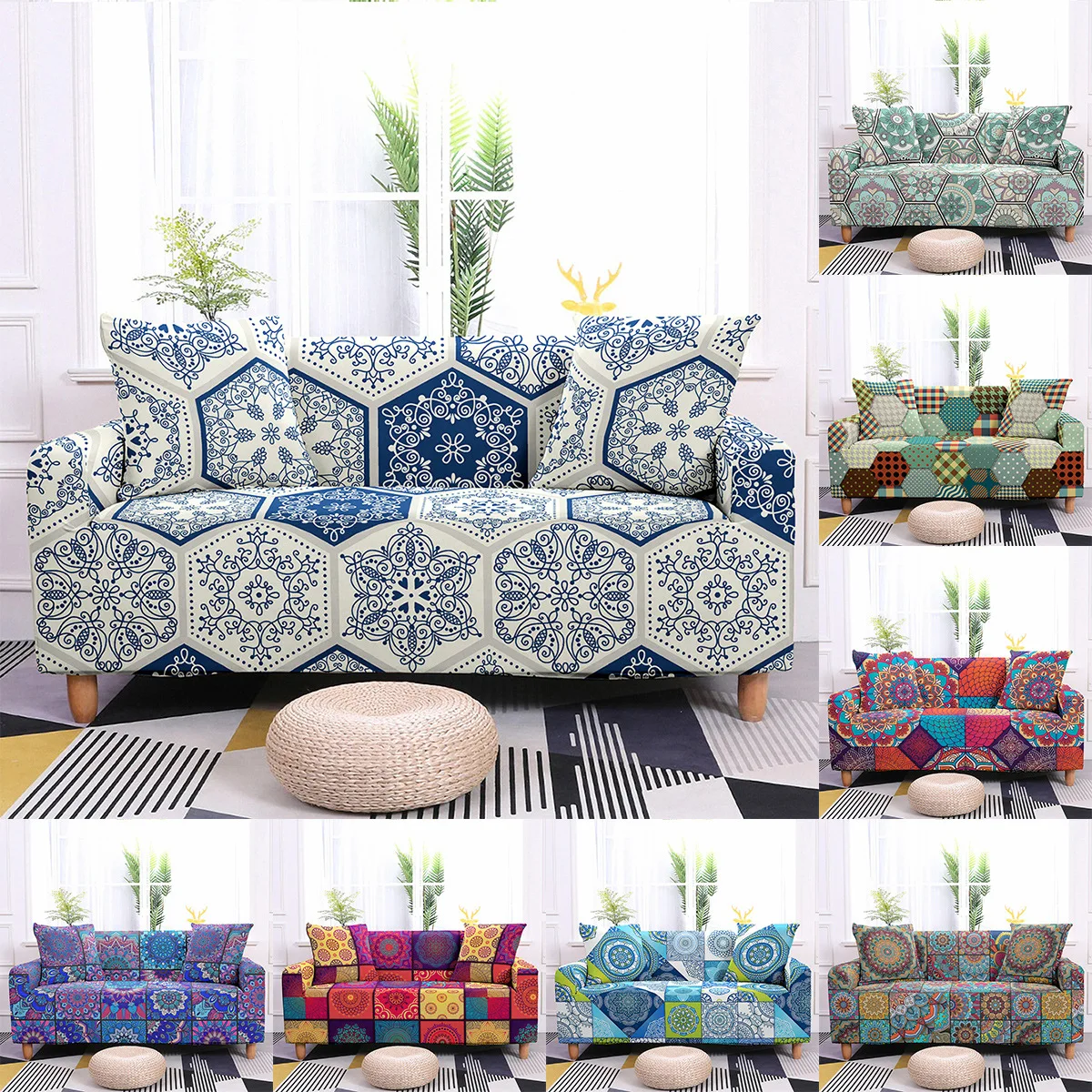 

Geomety Sofa Cover for Living Room 3D Mandala Stretch Slipcovers Sectional Couch Cover 1/2/3/4 Seater Funda De Sofá L Shape Sofa
