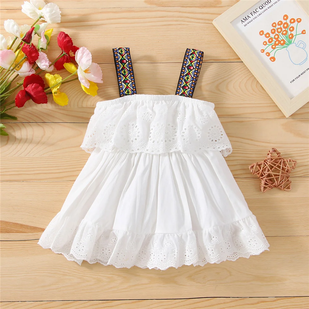 

Summer Newborn Baby Girl Sweet White A-Line Dress Toddler Kid Print Wide Shoulder Straps Ruffles Lace Loose Princess Party Dress