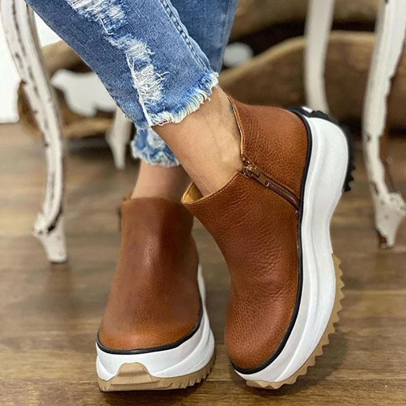 

Pop Women's Ankle Boots Side Zipper White Bottom Ladies Platform Shoes Round Toe Solid Daily Hiking Female Vulcanized Shoes